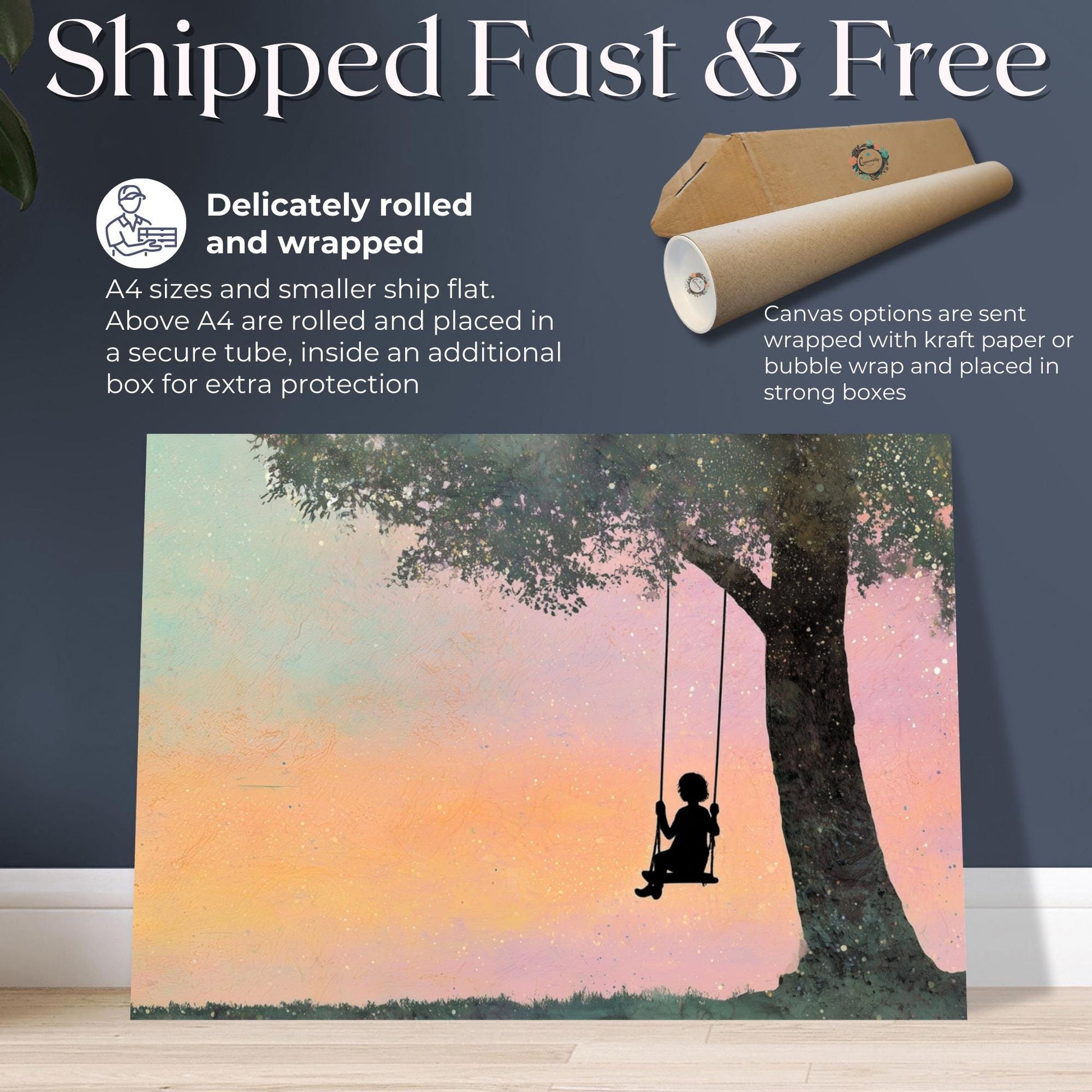 Child on a Swing Canvas / Unframed Print. Magical Childhood Keepsake Memories Watercolor Painting Coral Teal Wall Art Silhouette Picture - CanvasityCrafts - Free Shipping
