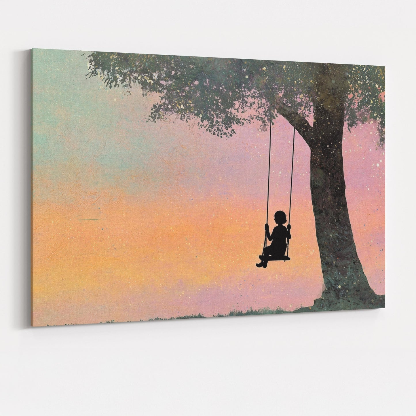 Child on a Swing Canvas / Unframed Print. Magical Childhood Keepsake Memories Watercolor Painting Coral Teal Wall Art Silhouette Picture - CanvasityCrafts - Free Shipping