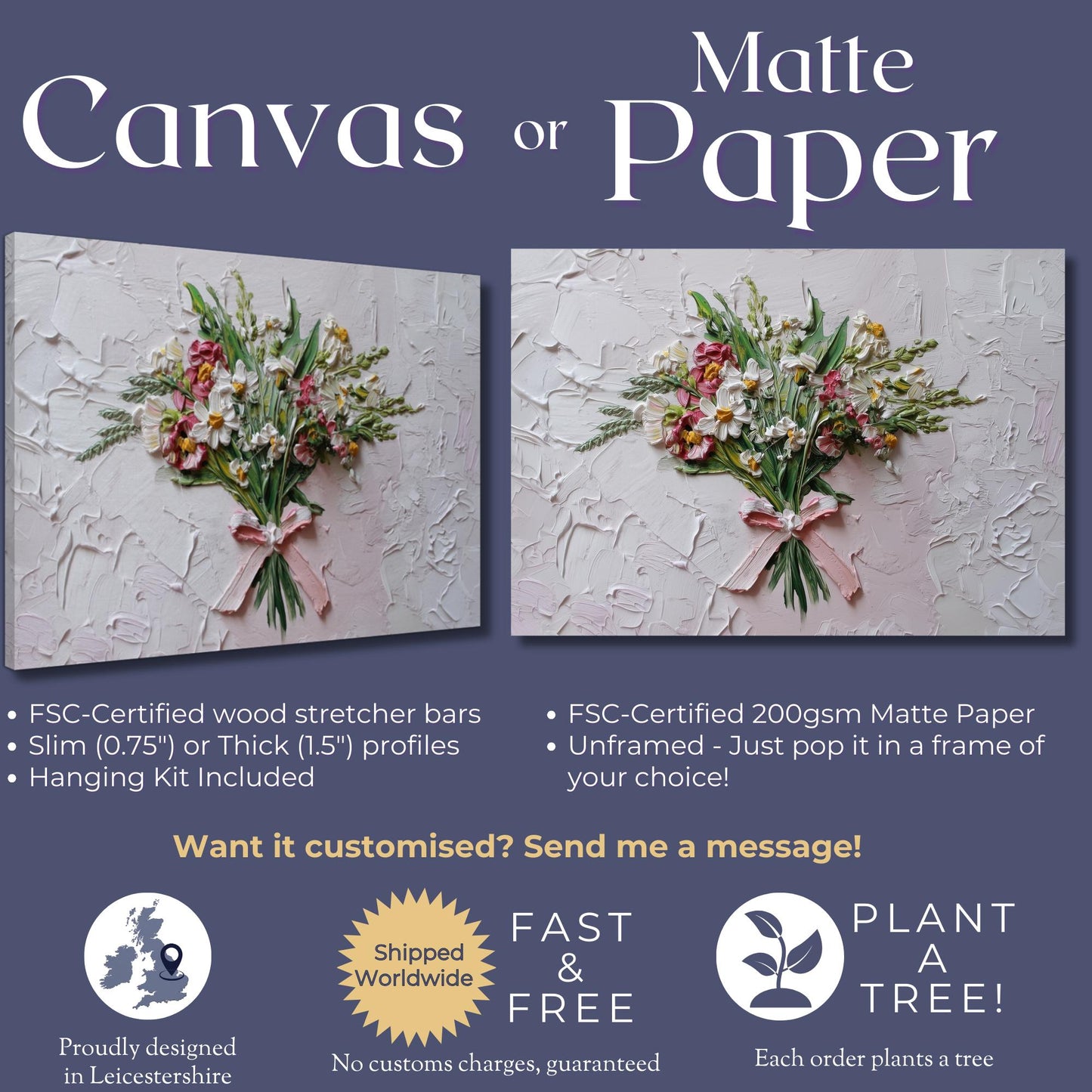 Coquette Flowers Canvas / Unframed Print. Impasto Wildflowers Pink Bow Wall Art Daisy Bouquet Painting Poster Picture Gift - CanvasityCrafts - Free Shipping