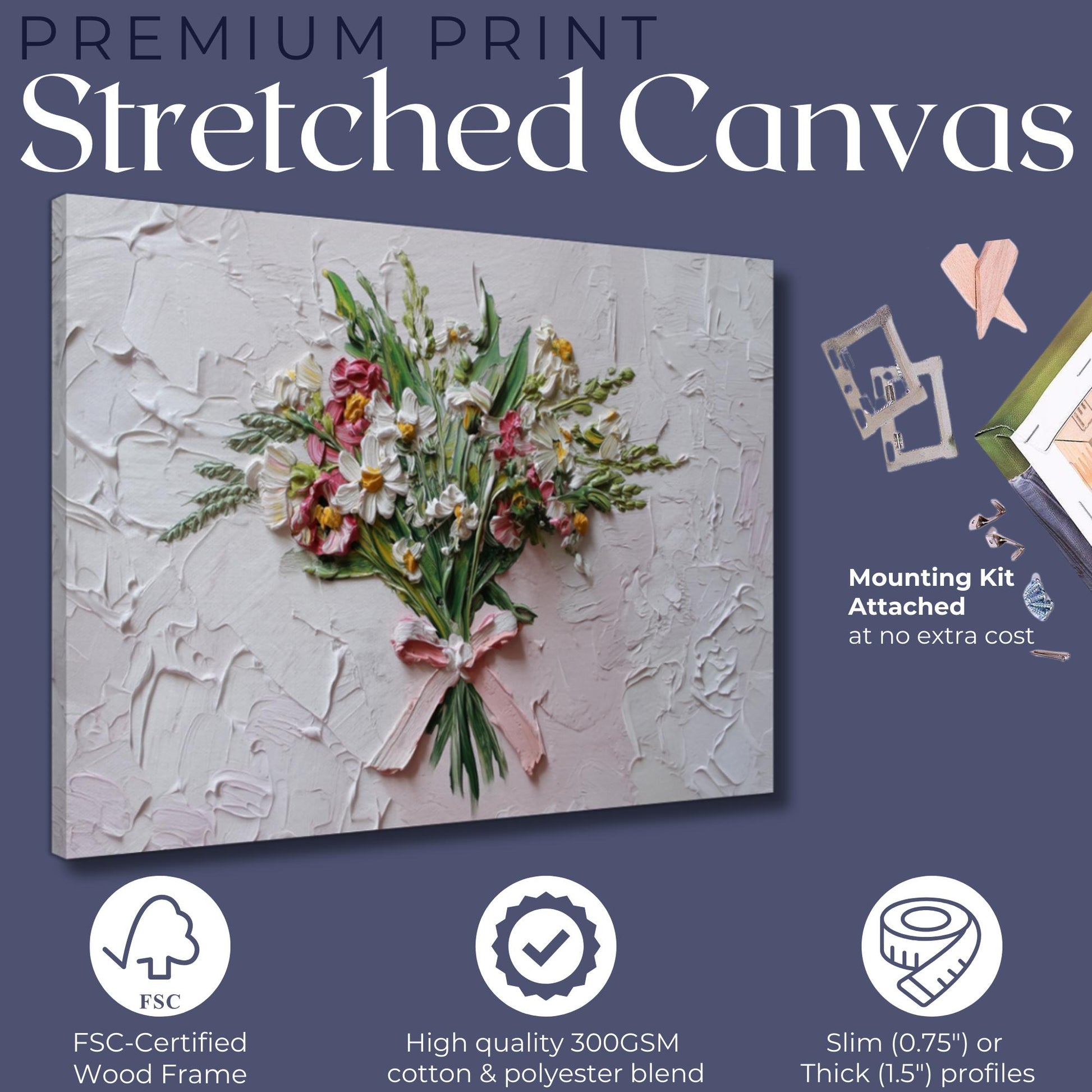 Coquette Flowers Canvas / Unframed Print. Impasto Wildflowers Pink Bow Wall Art Daisy Bouquet Painting Poster Picture Gift - CanvasityCrafts - Free Shipping