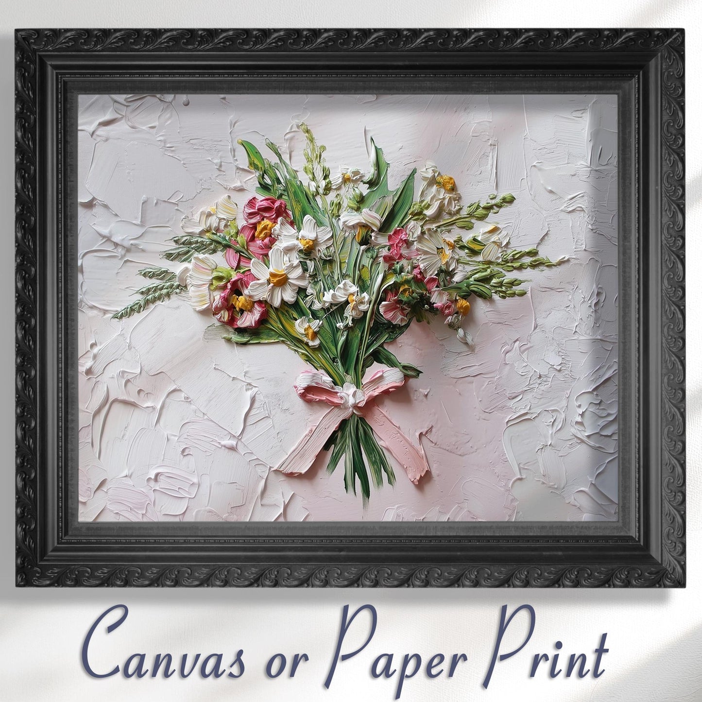 Coquette Flowers Canvas / Unframed Print. Impasto Wildflowers Pink Bow Wall Art Daisy Bouquet Painting Poster Picture Gift - CanvasityCrafts - Free Shipping