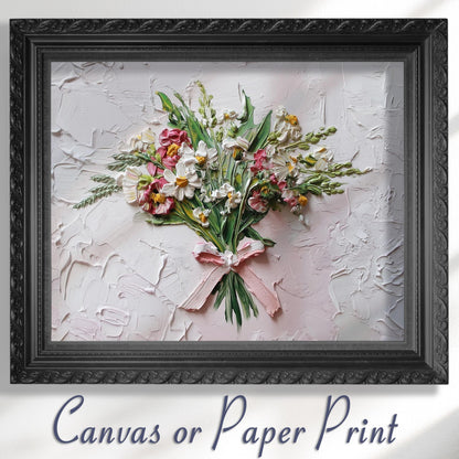 Coquette Flowers Canvas / Unframed Print. Impasto Wildflowers Pink Bow Wall Art Daisy Bouquet Painting Poster Picture Gift - CanvasityCrafts - Free Shipping