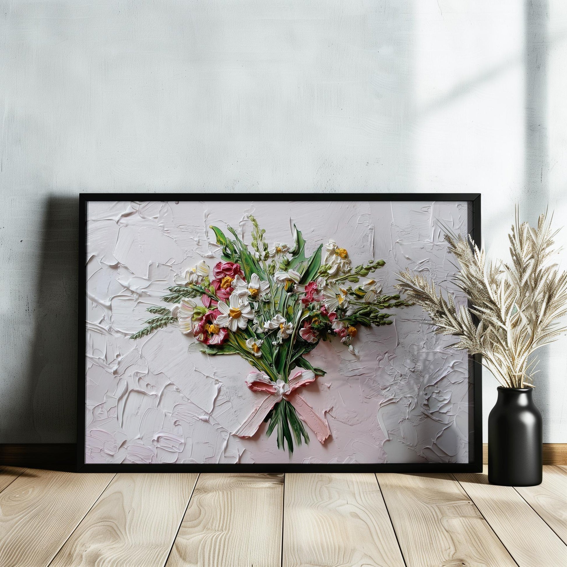 Coquette Flowers Canvas / Unframed Print. Impasto Wildflowers Pink Bow Wall Art Daisy Bouquet Painting Poster Picture Gift - CanvasityCrafts - Free Shipping