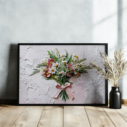 Coquette Flowers Canvas / Unframed Print. Impasto Wildflowers Pink Bow Wall Art Daisy Bouquet Painting Poster Picture Gift - CanvasityCrafts - Free Shipping