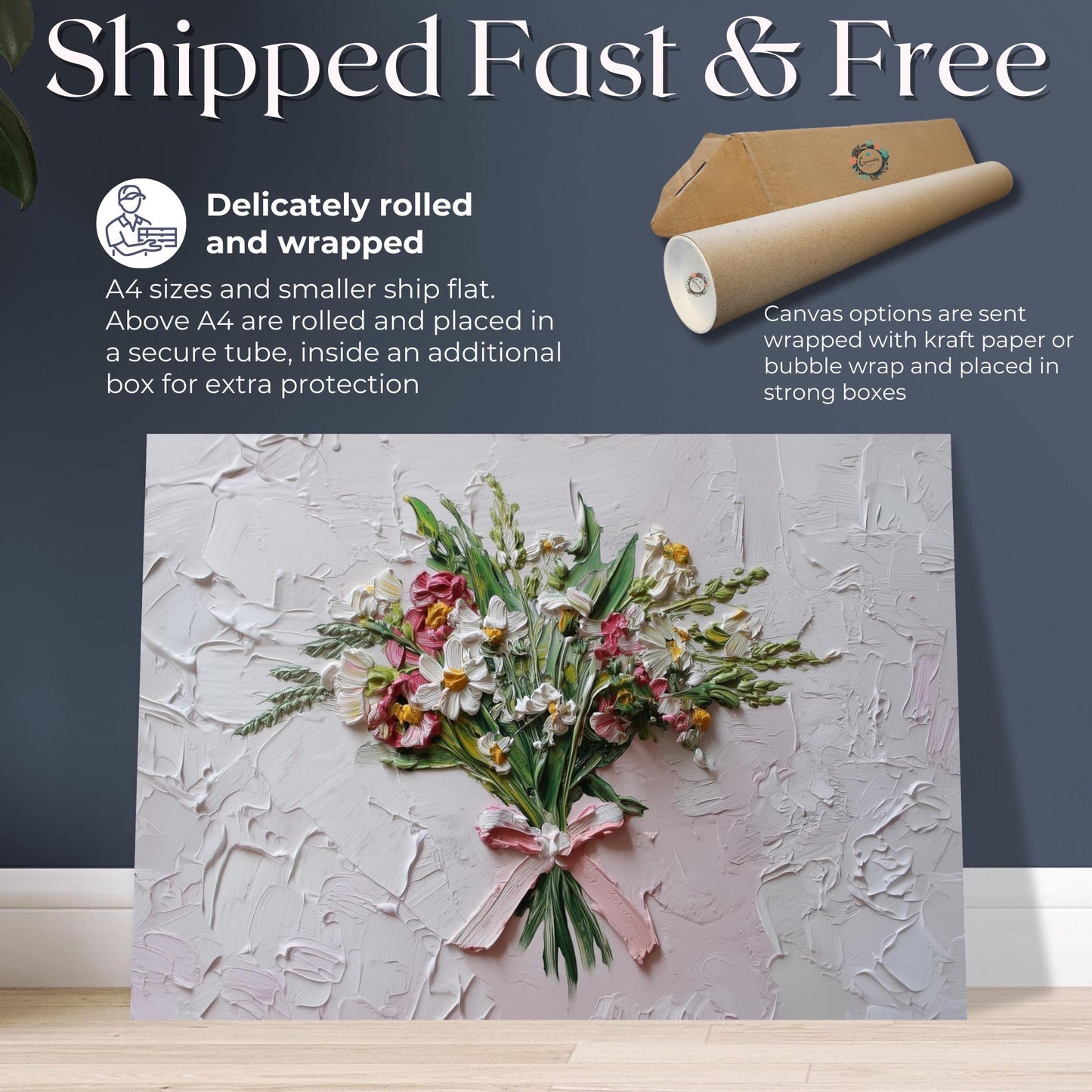 Coquette Flowers Canvas / Unframed Print. Impasto Wildflowers Pink Bow Wall Art Daisy Bouquet Painting Poster Picture Gift - CanvasityCrafts - Free Shipping