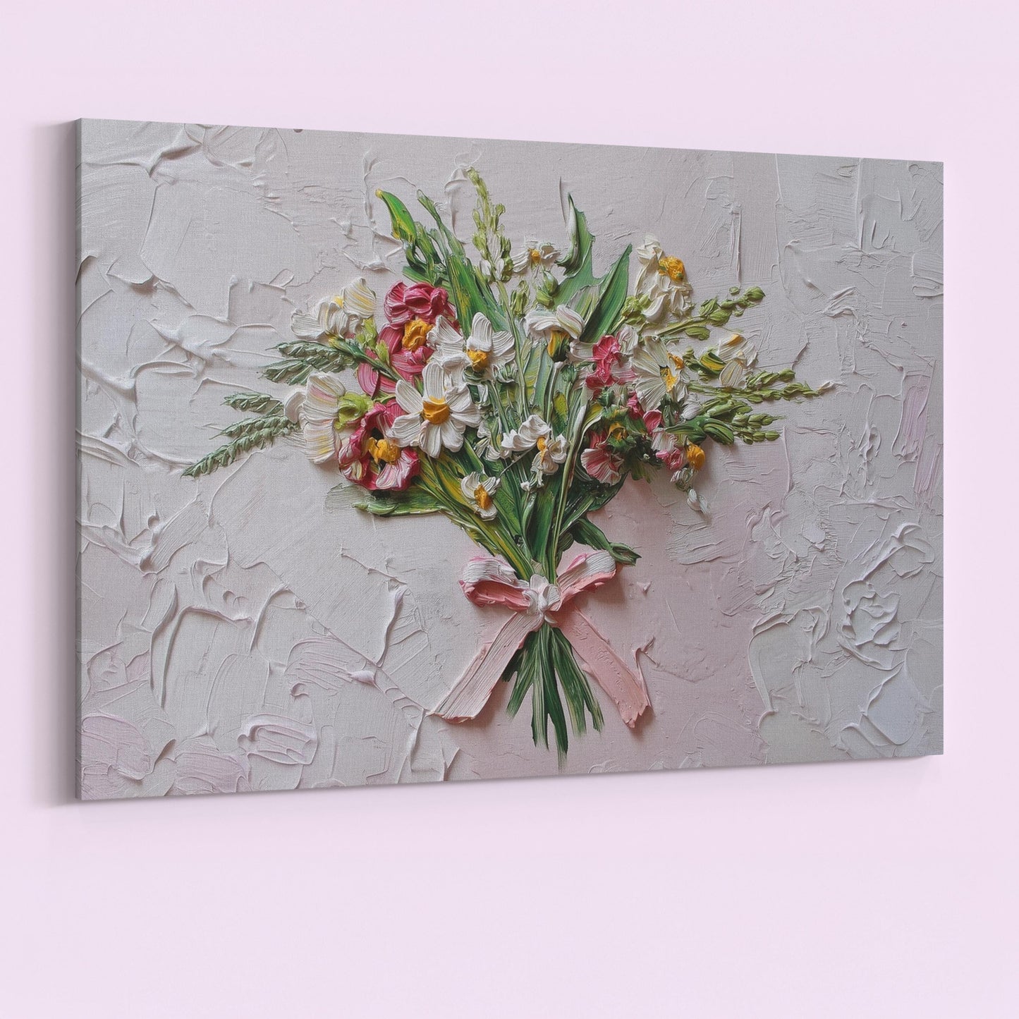 Coquette Flowers Canvas / Unframed Print. Impasto Wildflowers Pink Bow Wall Art Daisy Bouquet Painting Poster Picture Gift - CanvasityCrafts - Free Shipping