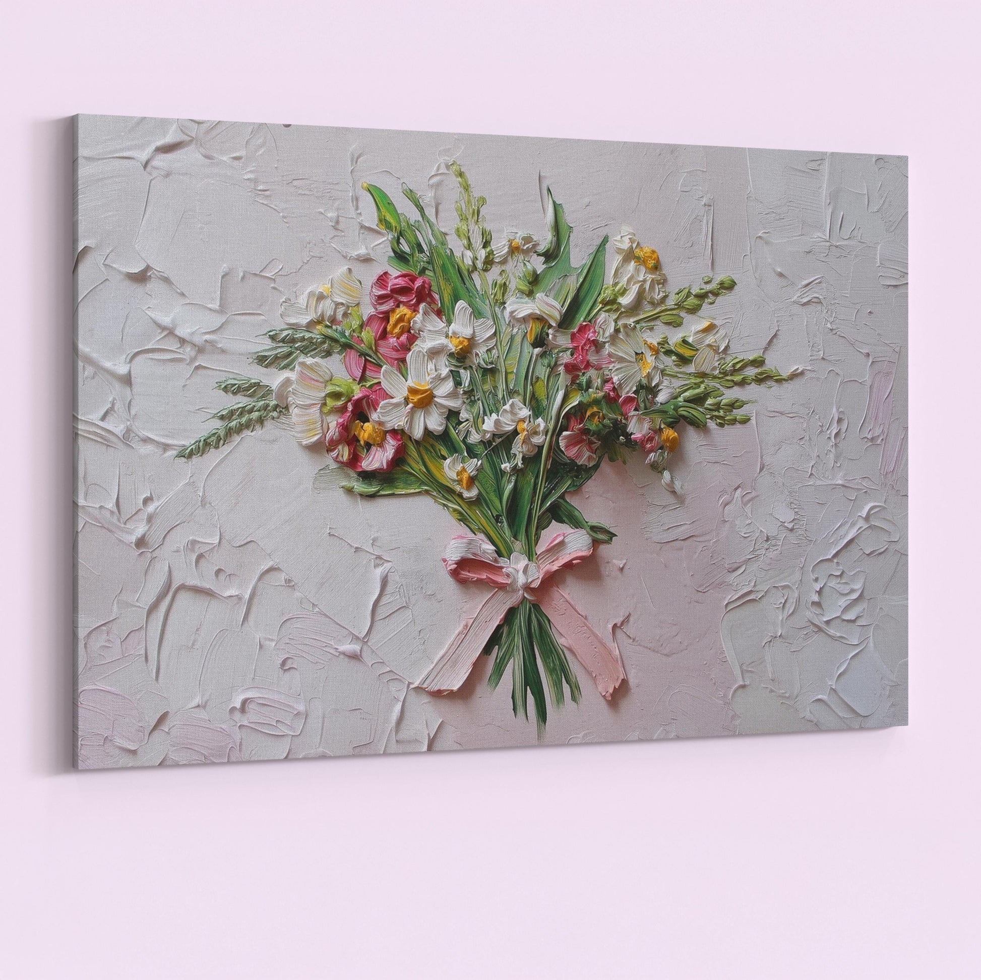 Coquette Flowers Canvas / Unframed Print. Impasto Wildflowers Pink Bow Wall Art Daisy Bouquet Painting Poster Picture Gift - CanvasityCrafts - Free Shipping