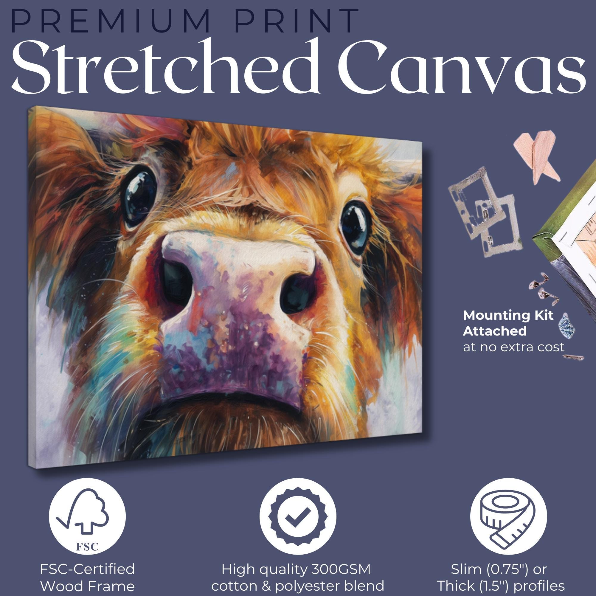 Highland Cow Print Canvas / Unframed. Colourful Farm Animal Wall Art, Rustic Home Decor, Multicolor Coo Gift Painting Poster Picture Farmer - CanvasityCrafts - Free Shipping