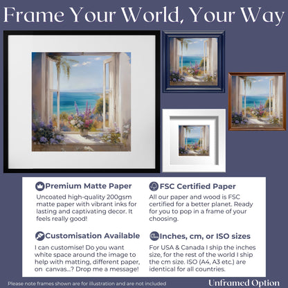 Wildflowers & Open Window Canvas / Unframed Print. Ocean View Coastal Art Beach Sea Living Room Kitchen Painting Picture Poster Wall Decor, - CanvasityCrafts - Free Shipping