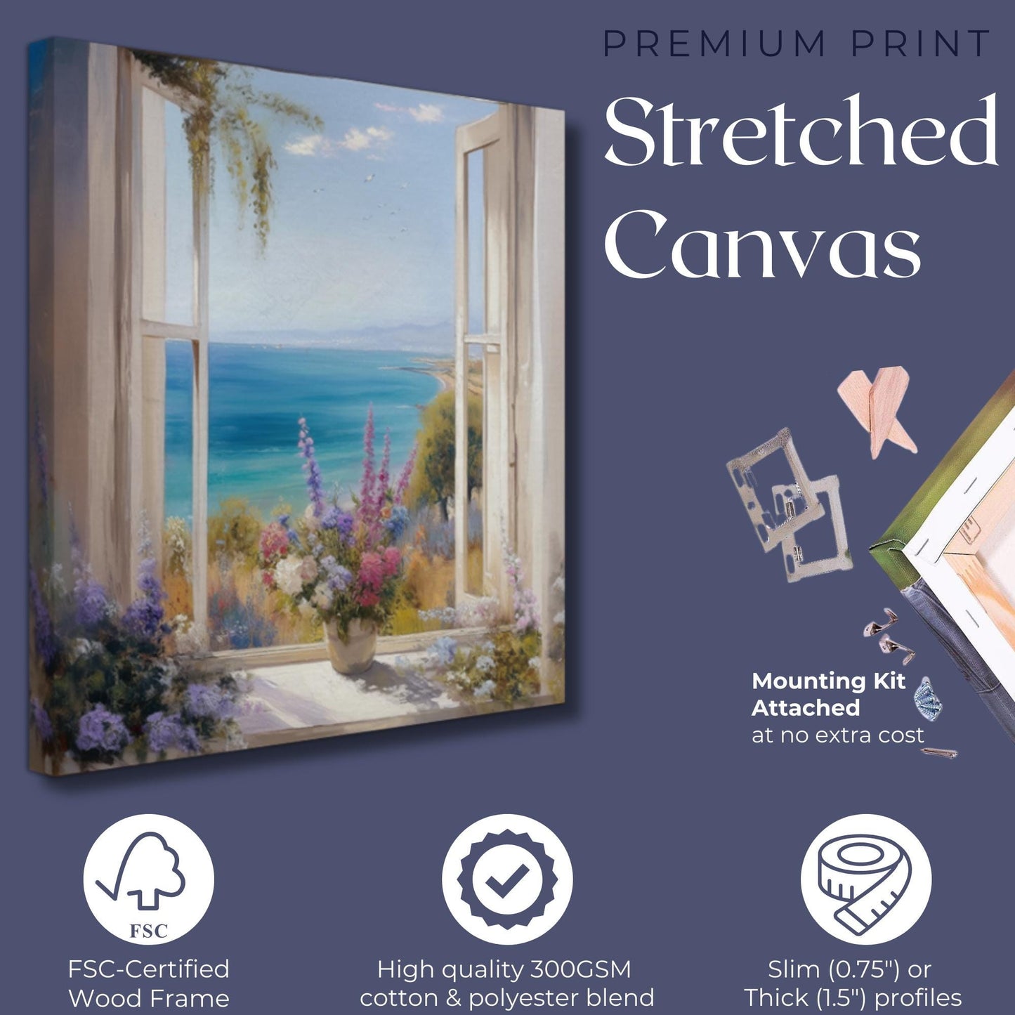 Wildflowers & Open Window Canvas / Unframed Print. Ocean View Coastal Art Beach Sea Living Room Kitchen Painting Picture Poster Wall Decor, - CanvasityCrafts - Free Shipping