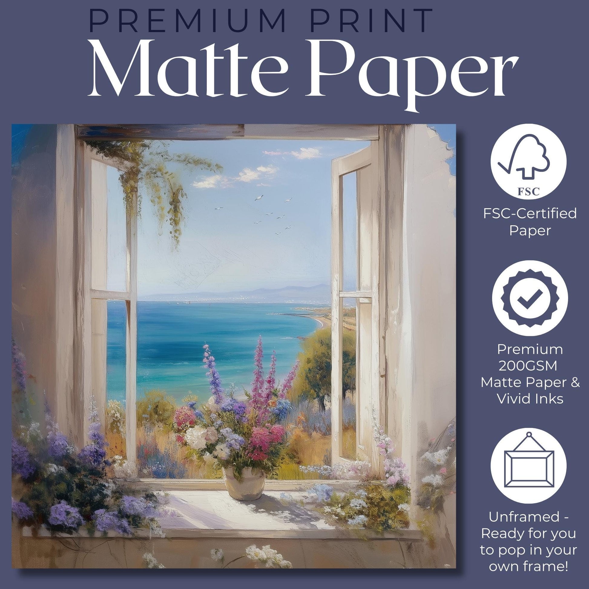 Wildflowers & Open Window Canvas / Unframed Print. Ocean View Coastal Art Beach Sea Living Room Kitchen Painting Picture Poster Wall Decor, - CanvasityCrafts - Free Shipping