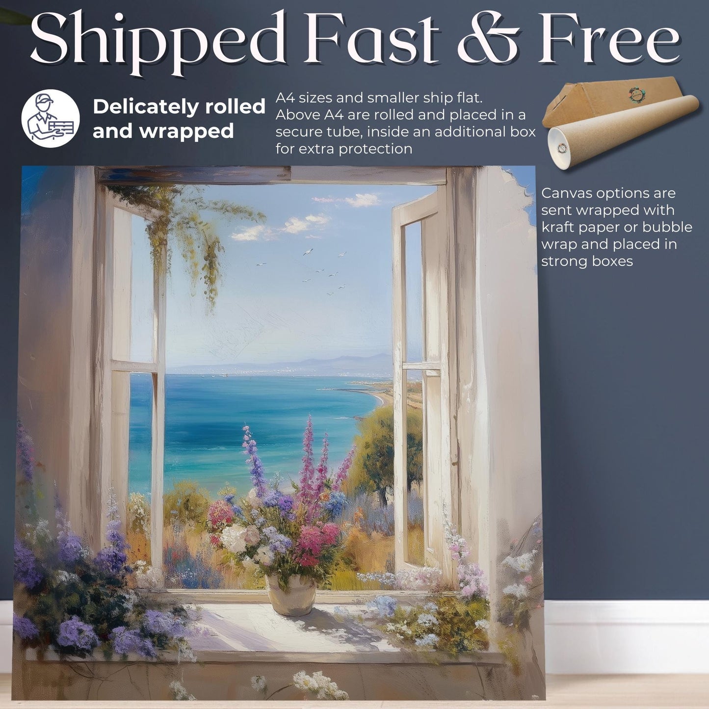 Wildflowers & Open Window Canvas / Unframed Print. Ocean View Coastal Art Beach Sea Living Room Kitchen Painting Picture Poster Wall Decor, - CanvasityCrafts - Free Shipping