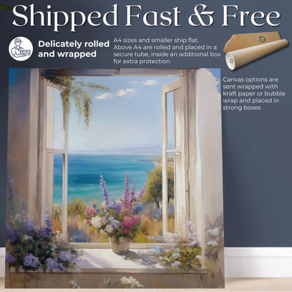 Wildflowers & Open Window Canvas / Unframed Print. Ocean View Coastal Art Beach Sea Living Room Kitchen Painting Picture Poster Wall Decor, - CanvasityCrafts - Free Shipping