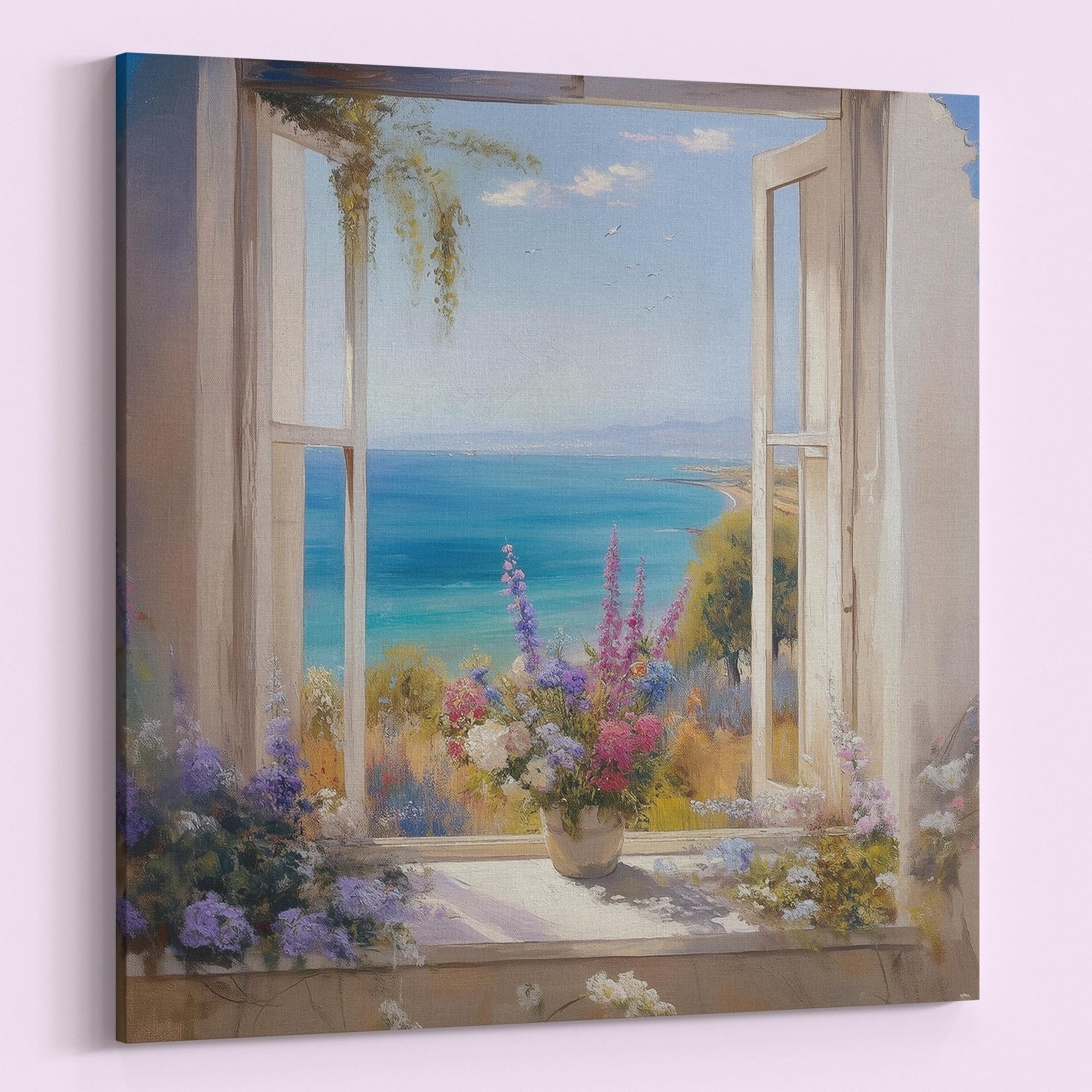 Wildflowers & Open Window Canvas / Unframed Print. Ocean View Coastal Art Beach Sea Living Room Kitchen Painting Picture Poster Wall Decor, - CanvasityCrafts - Free Shipping