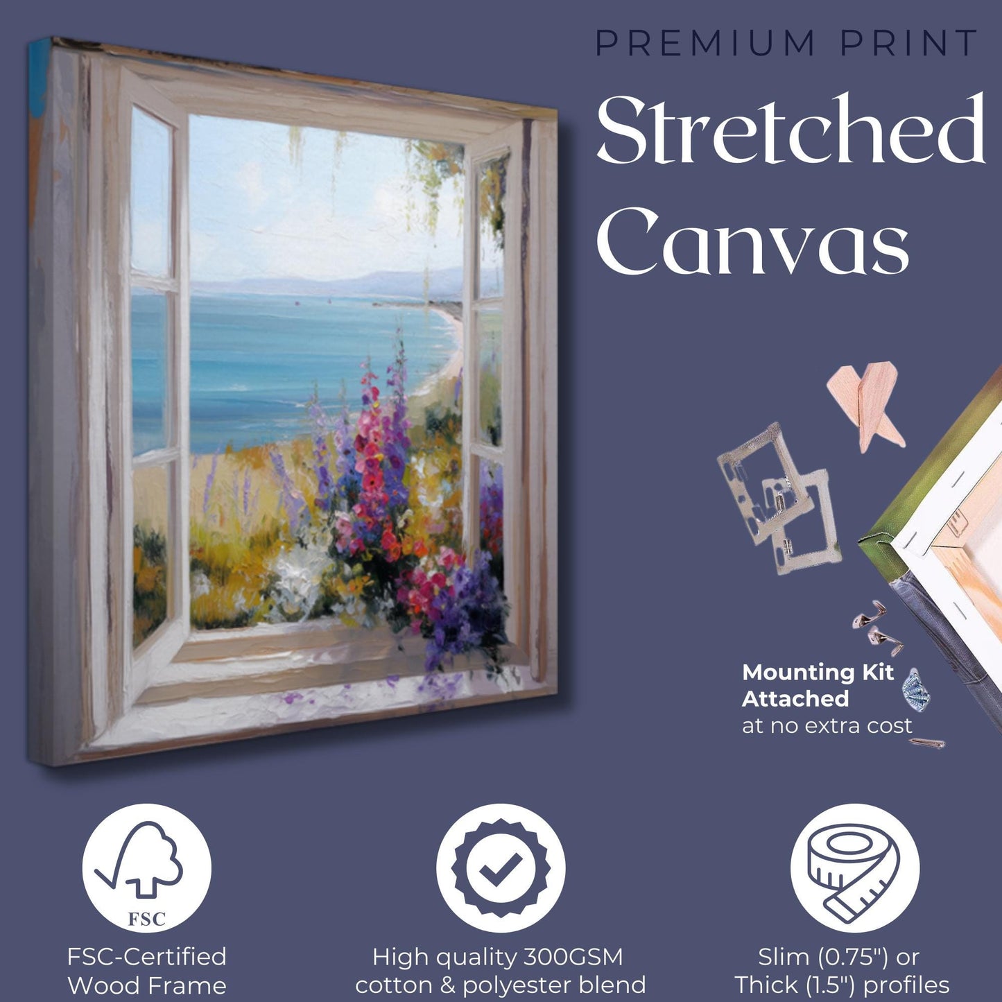 Wildflowers & Open Window Canvas / Unframed Print. Ocean View Coastal Art Beach Sea Living Room Kitchen Painting Picture Poster Wall Decor - CanvasityCrafts - Free Shipping