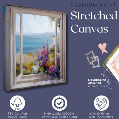 Wildflowers & Open Window Canvas / Unframed Print. Ocean View Coastal Art Beach Sea Living Room Kitchen Painting Picture Poster Wall Decor - CanvasityCrafts - Free Shipping