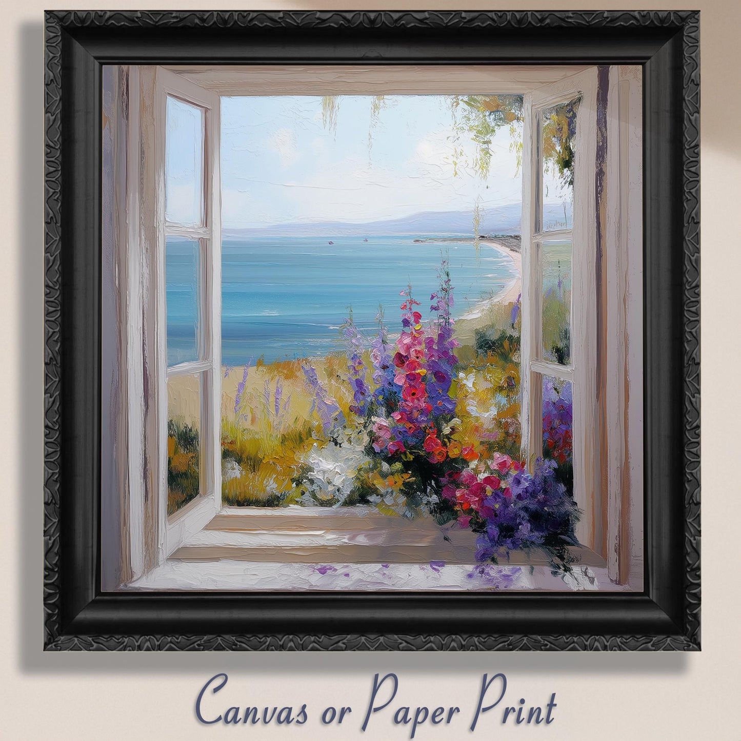 Wildflowers & Open Window Canvas / Unframed Print. Ocean View Coastal Art Beach Sea Living Room Kitchen Painting Picture Poster Wall Decor - CanvasityCrafts - Free Shipping