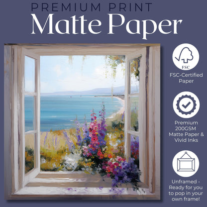 Wildflowers & Open Window Canvas / Unframed Print. Ocean View Coastal Art Beach Sea Living Room Kitchen Painting Picture Poster Wall Decor - CanvasityCrafts - Free Shipping