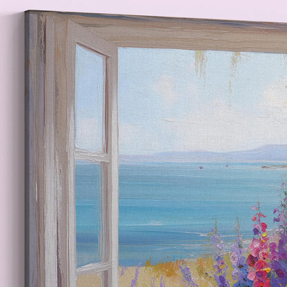 Wildflowers & Open Window Canvas / Unframed Print. Ocean View Coastal Art Beach Sea Living Room Kitchen Painting Picture Poster Wall Decor - CanvasityCrafts - Free Shipping