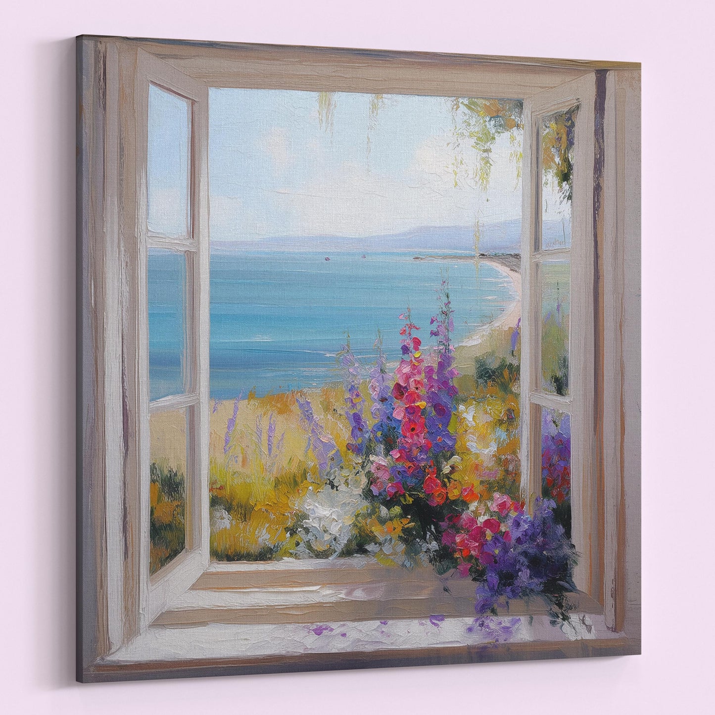 Wildflowers & Open Window Canvas / Unframed Print. Ocean View Coastal Art Beach Sea Living Room Kitchen Painting Picture Poster Wall Decor - CanvasityCrafts - Free Shipping