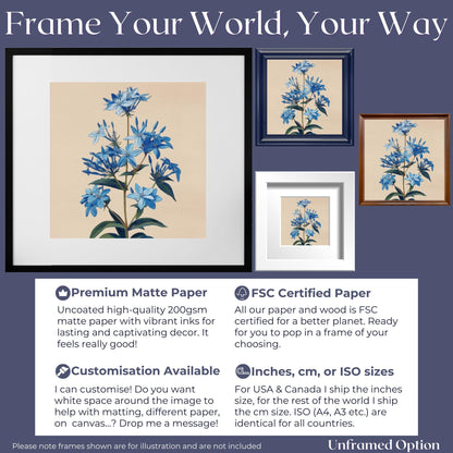 Blue Bluestar Flower Canvas / Unframed Print. Amsonia Blue Star Wildflower Picture Poster, Navy Wall Decor, Glamorous Minimalist Floral Art - CanvasityCrafts - Free Shipping