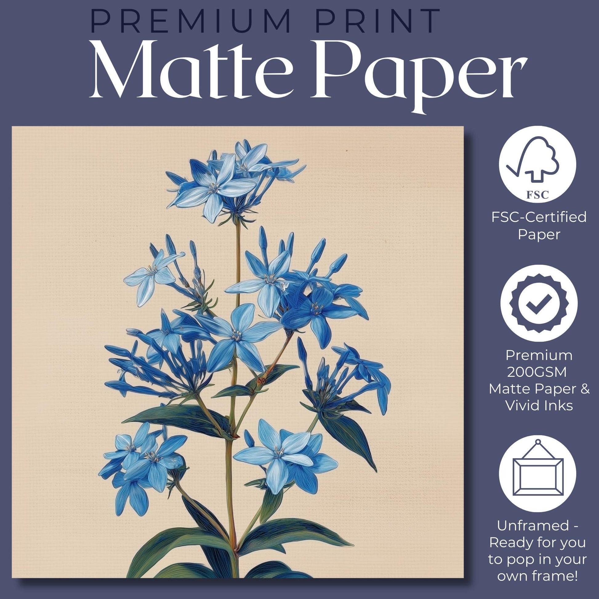 Blue Bluestar Flower Canvas / Unframed Print. Amsonia Blue Star Wildflower Picture Poster, Navy Wall Decor, Glamorous Minimalist Floral Art - CanvasityCrafts - Free Shipping