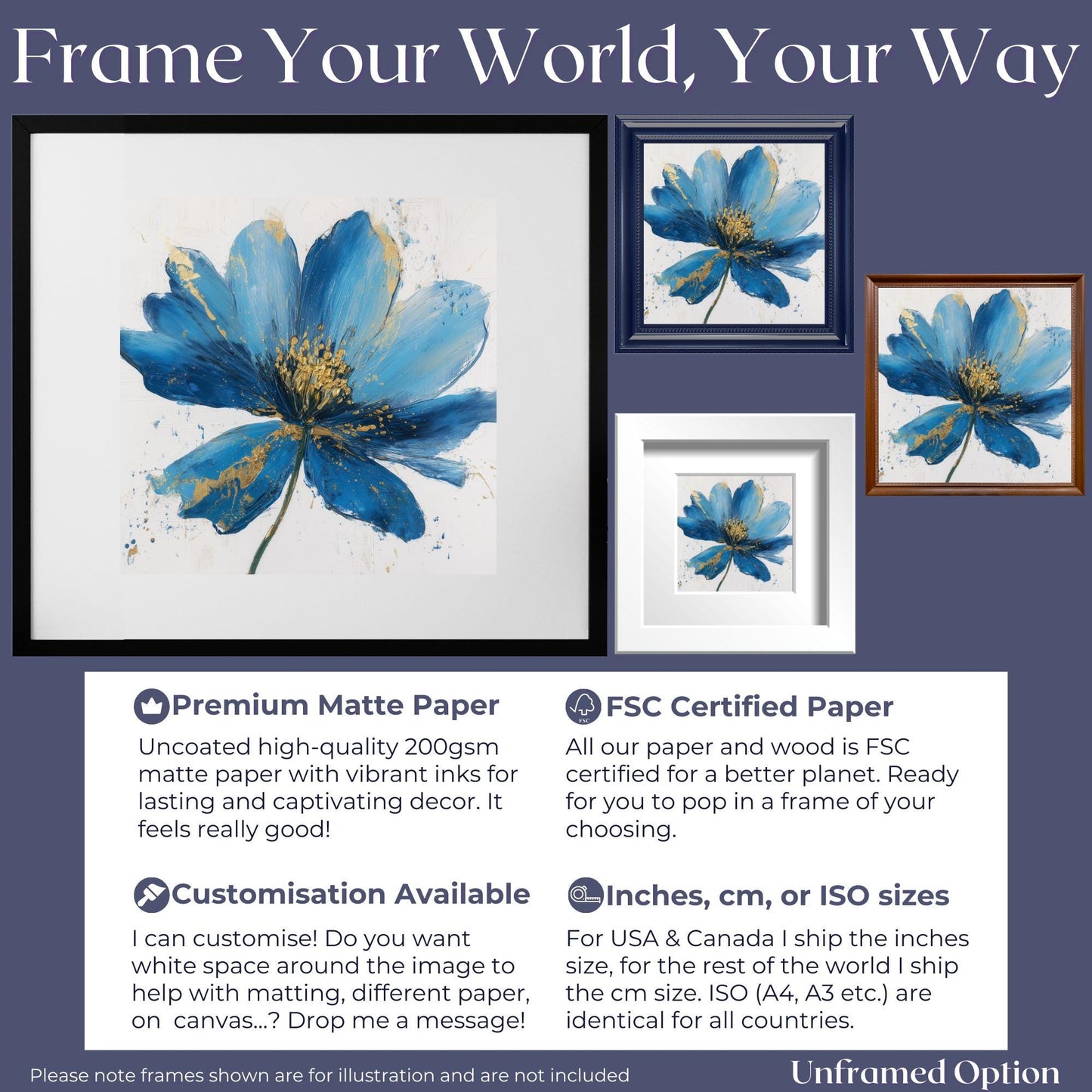 Blue Flower Art Canvas / Unframed Print. Abstract Contemporary Glamorous Art, Blue Gold Picture, Floral Wall Decor, Glamourous Art Poster - CanvasityCrafts - Free Shipping