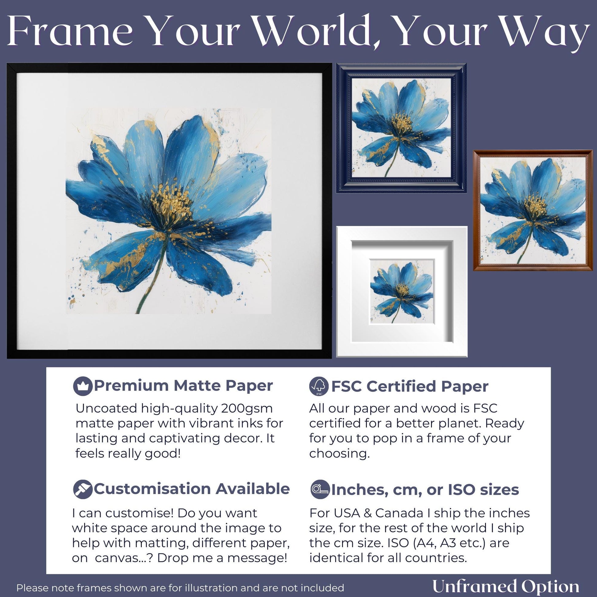 Blue Flower Art Canvas / Unframed Print. Abstract Contemporary Glamorous Art, Blue Gold Picture, Floral Wall Decor, Glamourous Art Poster - CanvasityCrafts - Free Shipping
