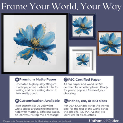 Blue Flower Art Canvas / Unframed Print. Abstract Contemporary Glamorous Art, Blue Gold Picture, Floral Wall Decor, Glamourous Art Poster - CanvasityCrafts - Free Shipping