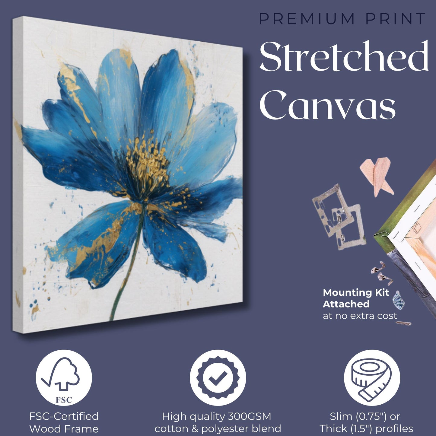 Blue Flower Art Canvas / Unframed Print. Abstract Contemporary Glamorous Art, Blue Gold Picture, Floral Wall Decor, Glamourous Art Poster - CanvasityCrafts - Free Shipping