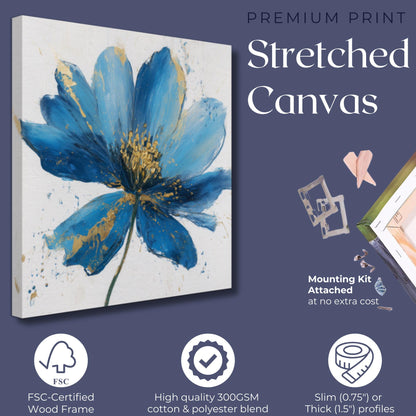 Blue Flower Art Canvas / Unframed Print. Abstract Contemporary Glamorous Art, Blue Gold Picture, Floral Wall Decor, Glamourous Art Poster - CanvasityCrafts - Free Shipping