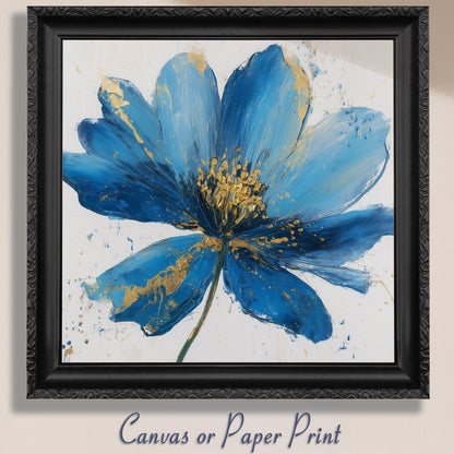 Blue Flower Art Canvas / Unframed Print. Abstract Contemporary Glamorous Art, Blue Gold Picture, Floral Wall Decor, Glamourous Art Poster - CanvasityCrafts - Free Shipping