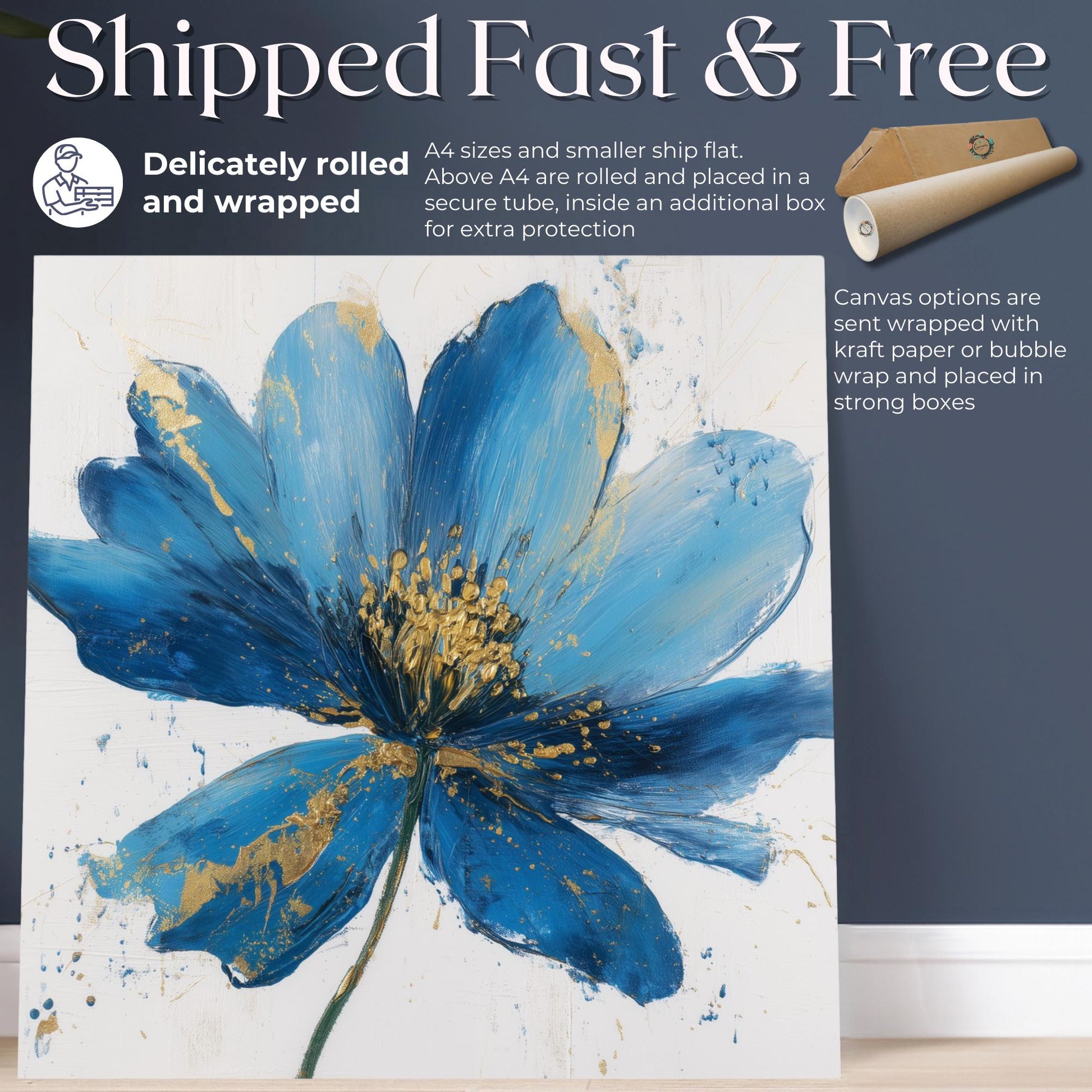 Blue Flower Art Canvas / Unframed Print. Abstract Contemporary Glamorous Art, Blue Gold Picture, Floral Wall Decor, Glamourous Art Poster - CanvasityCrafts - Free Shipping