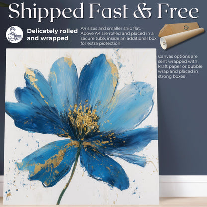 Blue Flower Art Canvas / Unframed Print. Abstract Contemporary Glamorous Art, Blue Gold Picture, Floral Wall Decor, Glamourous Art Poster - CanvasityCrafts - Free Shipping