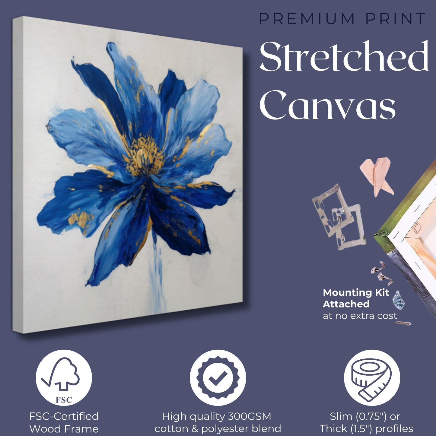 Blue Flower Art Canvas / Unframed Print. Abstract Contemporary Glamorous Art, Blue Gold Picture, Floral Wall Decor, Glamourous Art Poster - CanvasityCrafts - Free Shipping