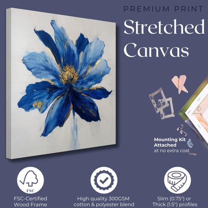 Blue Flower Art Canvas / Unframed Print. Abstract Contemporary Glamorous Art, Blue Gold Picture, Floral Wall Decor, Glamourous Art Poster - CanvasityCrafts - Free Shipping