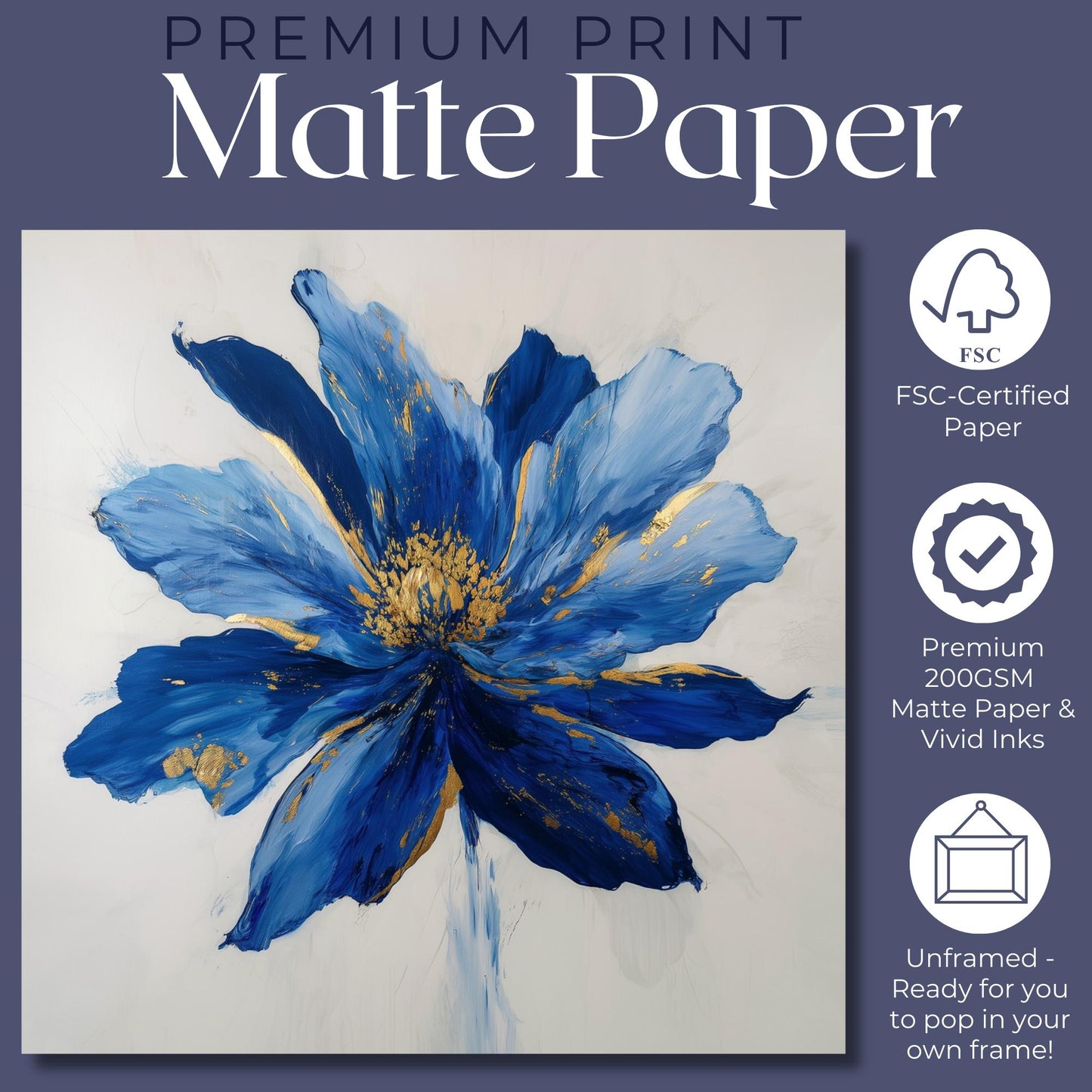 Blue Flower Art Canvas / Unframed Print. Abstract Contemporary Glamorous Art, Blue Gold Picture, Floral Wall Decor, Glamourous Art Poster - CanvasityCrafts - Free Shipping