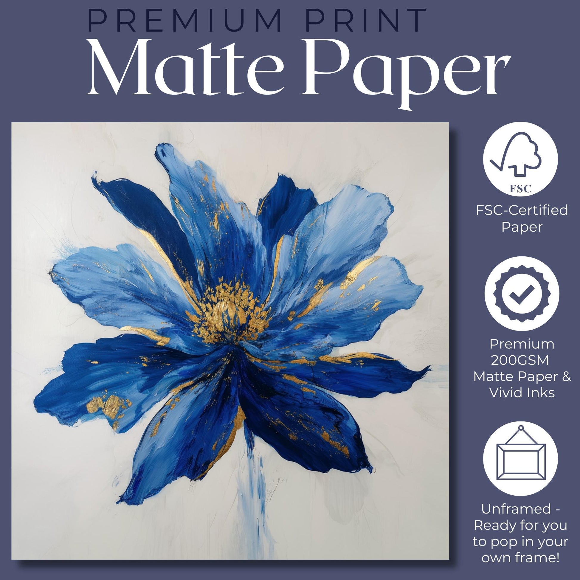 Blue Flower Art Canvas / Unframed Print. Abstract Contemporary Glamorous Art, Blue Gold Picture, Floral Wall Decor, Glamourous Art Poster - CanvasityCrafts - Free Shipping