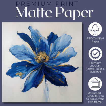 Blue Flower Art Canvas / Unframed Print. Abstract Contemporary Glamorous Art, Blue Gold Picture, Floral Wall Decor, Glamourous Art Poster - CanvasityCrafts - Free Shipping