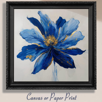 Blue Flower Art Canvas / Unframed Print. Abstract Contemporary Glamorous Art, Blue Gold Picture, Floral Wall Decor, Glamourous Art Poster - CanvasityCrafts - Free Shipping