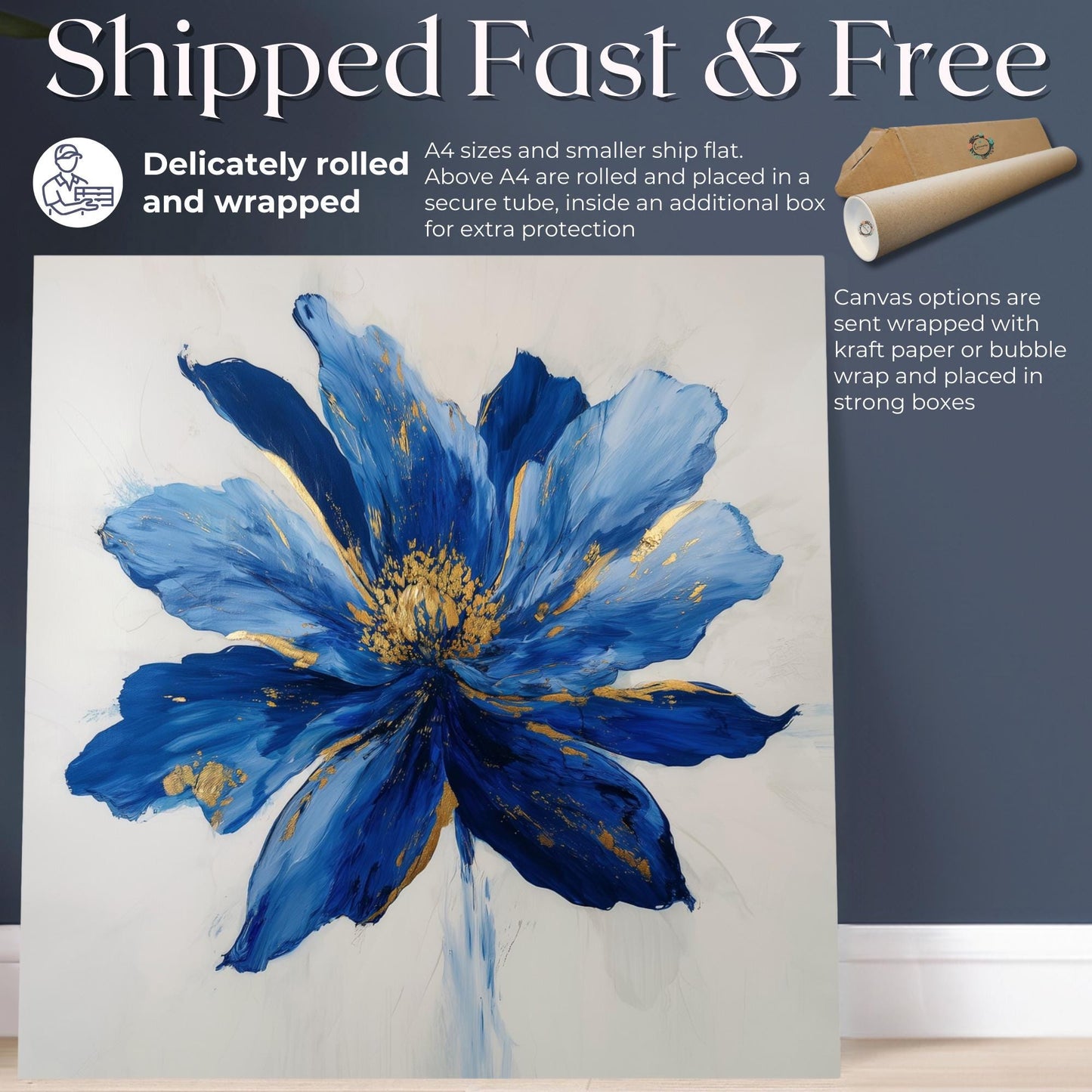 Blue Flower Art Canvas / Unframed Print. Abstract Contemporary Glamorous Art, Blue Gold Picture, Floral Wall Decor, Glamourous Art Poster - CanvasityCrafts - Free Shipping
