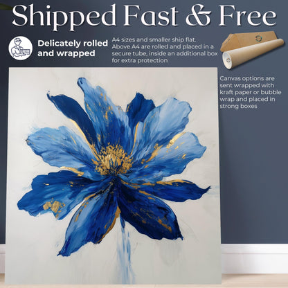 Blue Flower Art Canvas / Unframed Print. Abstract Contemporary Glamorous Art, Blue Gold Picture, Floral Wall Decor, Glamourous Art Poster - CanvasityCrafts - Free Shipping