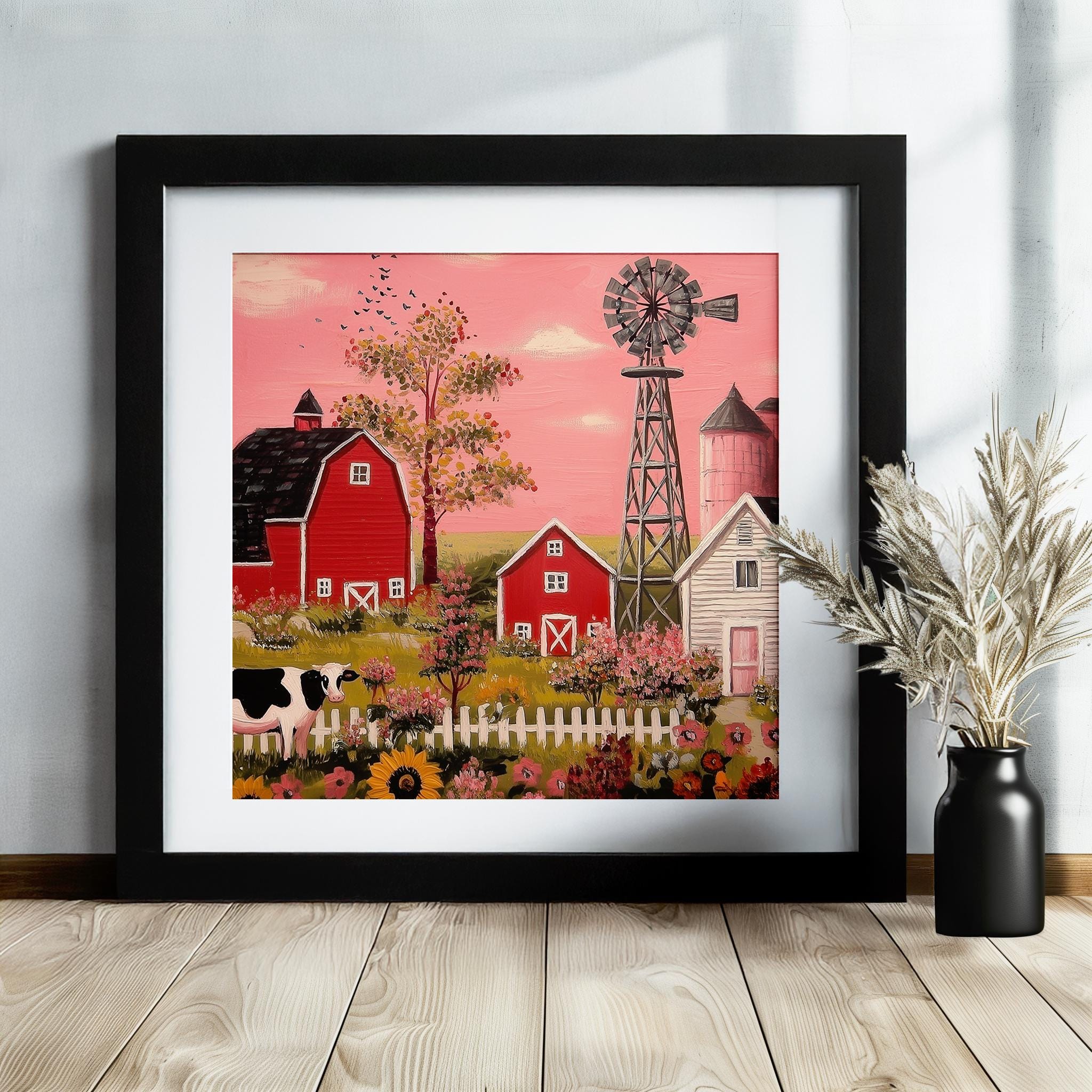 Rustic Farming Art Canvas / Unframed. Farm Landscape Art Farmyard Cow Farm Yard Print, Red Barn Farmhouse Decor Pink Sunset Countryside - CanvasityCrafts - Free Shipping