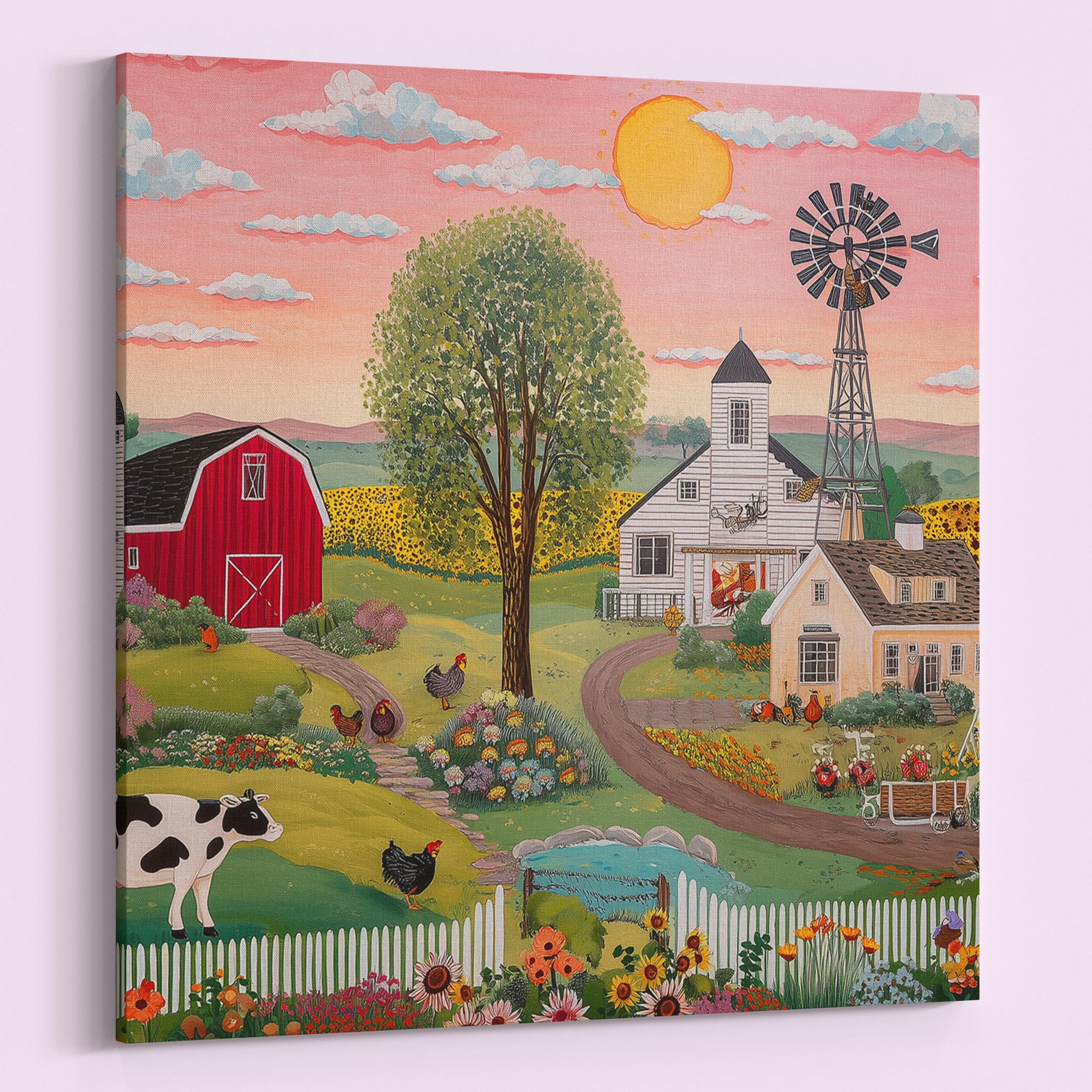 Rustic Farming Art Canvas / Unframed. Farm Landscape Art Farmyard Cow Farm Yard Print, Red Barn Farmhouse Decor Kitchen Wall Art - CanvasityCrafts - Free Shipping