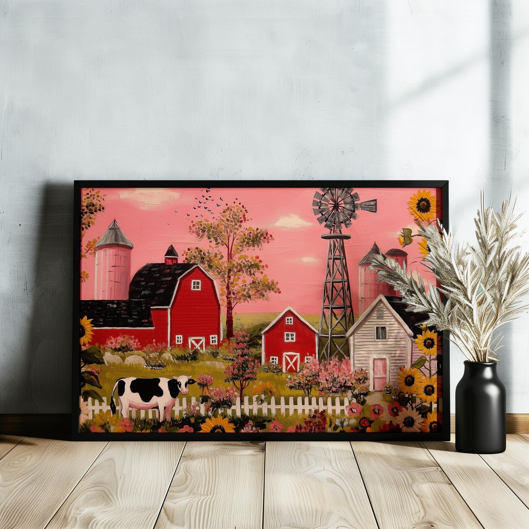 Rustic Farming Art Canvas / Unframed. Farm Landscape Art Farmyard Cow Farm Yard Print, Red Barn Farmhouse Decor Pink Sunset Countryside - CanvasityCrafts - Free Shipping