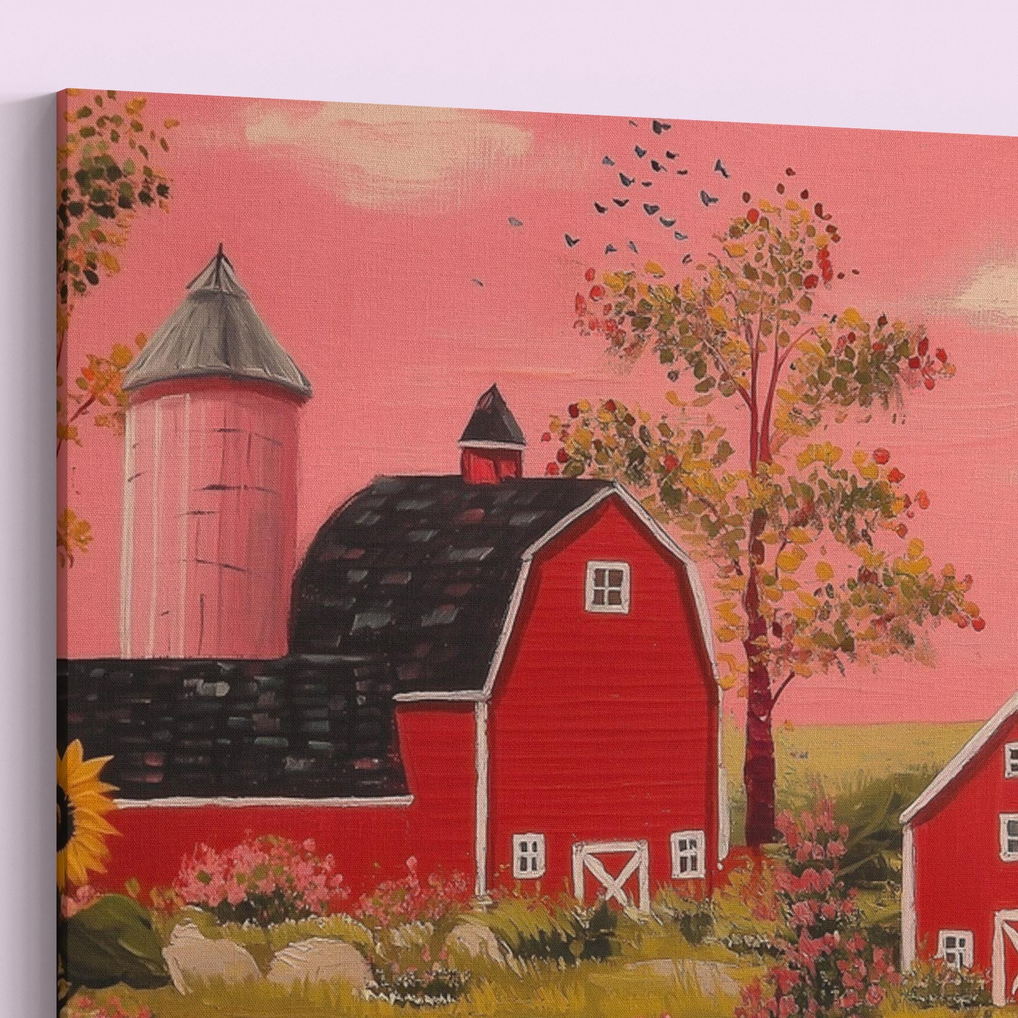Rustic Farming Art Canvas / Unframed. Farm Landscape Art Farmyard Cow Farm Yard Print, Red Barn Farmhouse Decor Pink Sunset Countryside - CanvasityCrafts - Free Shipping