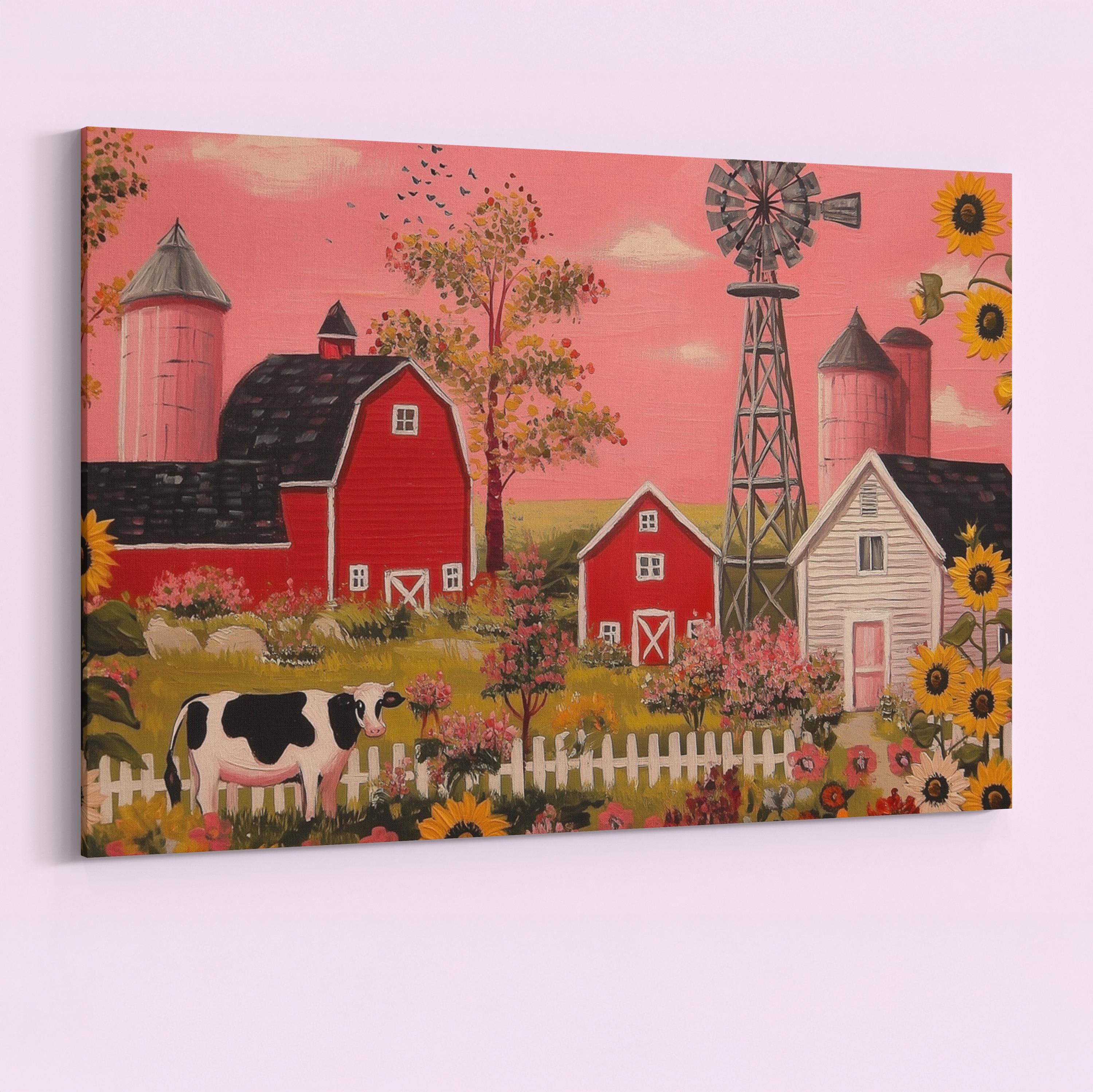 Rustic Farming Art Canvas / Unframed. Farm Landscape Art Farmyard Cow Farm Yard Print, Red Barn Farmhouse Decor Pink Sunset Countryside - CanvasityCrafts - Free Shipping