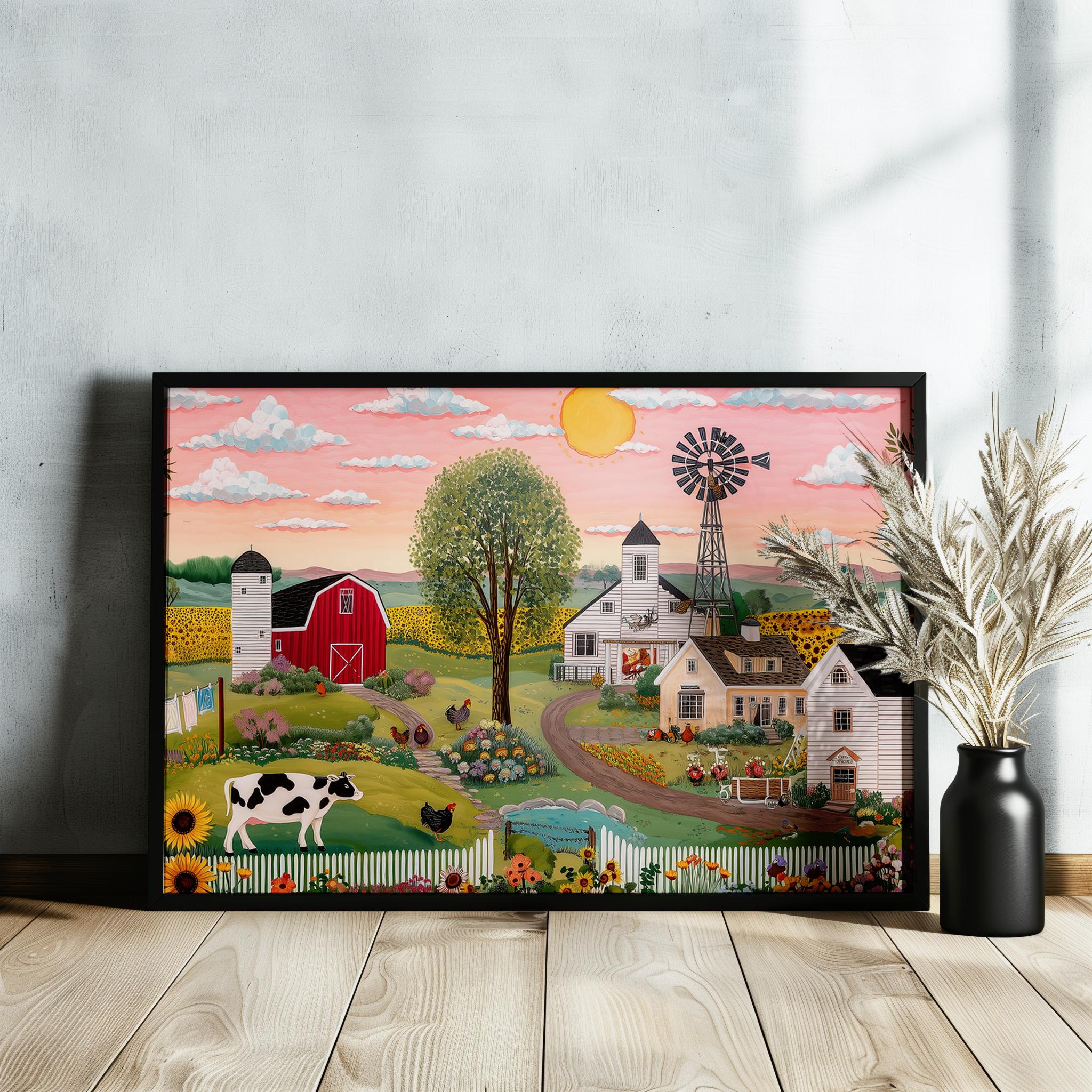 Rustic Farming Art Canvas / Unframed. Farm Landscape Farmyard Cow Farm Yard Print Red Barn Farmhouse Painting Countryside Picture Wall Decor - CanvasityCrafts - Free Shipping