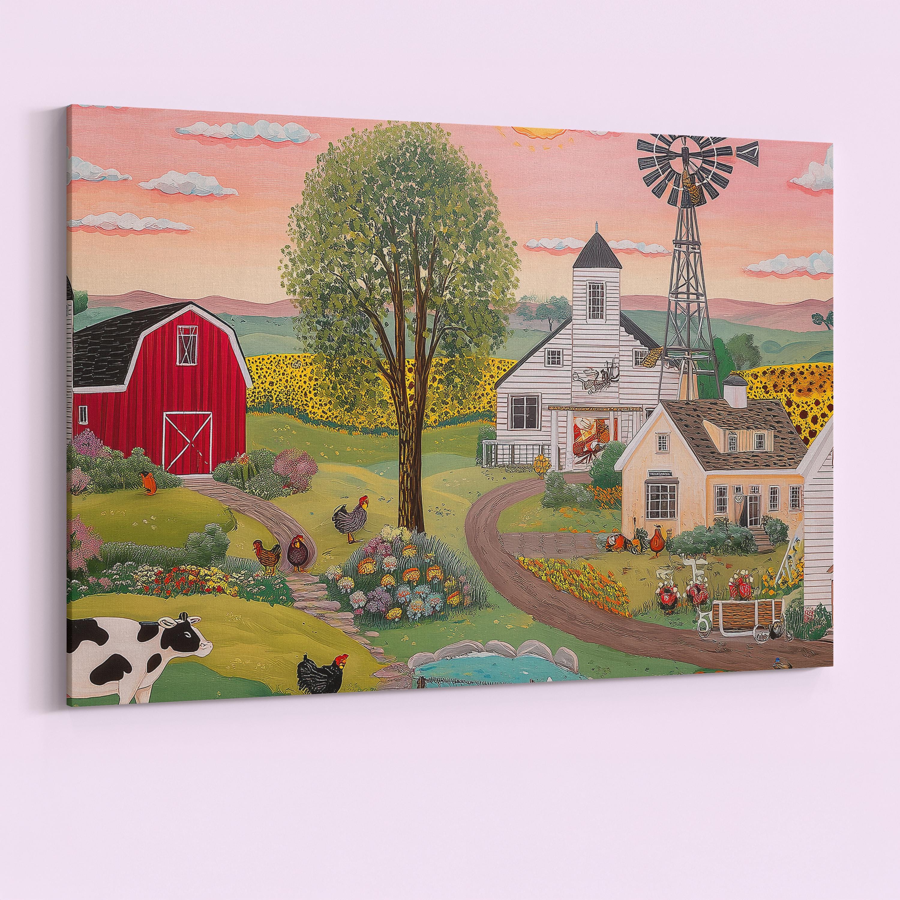 Rustic Farming Art Canvas / Unframed. Farm Landscape Farmyard Cow Farm Yard Print Red Barn Farmhouse Painting Countryside Picture Wall Decor - CanvasityCrafts - Free Shipping