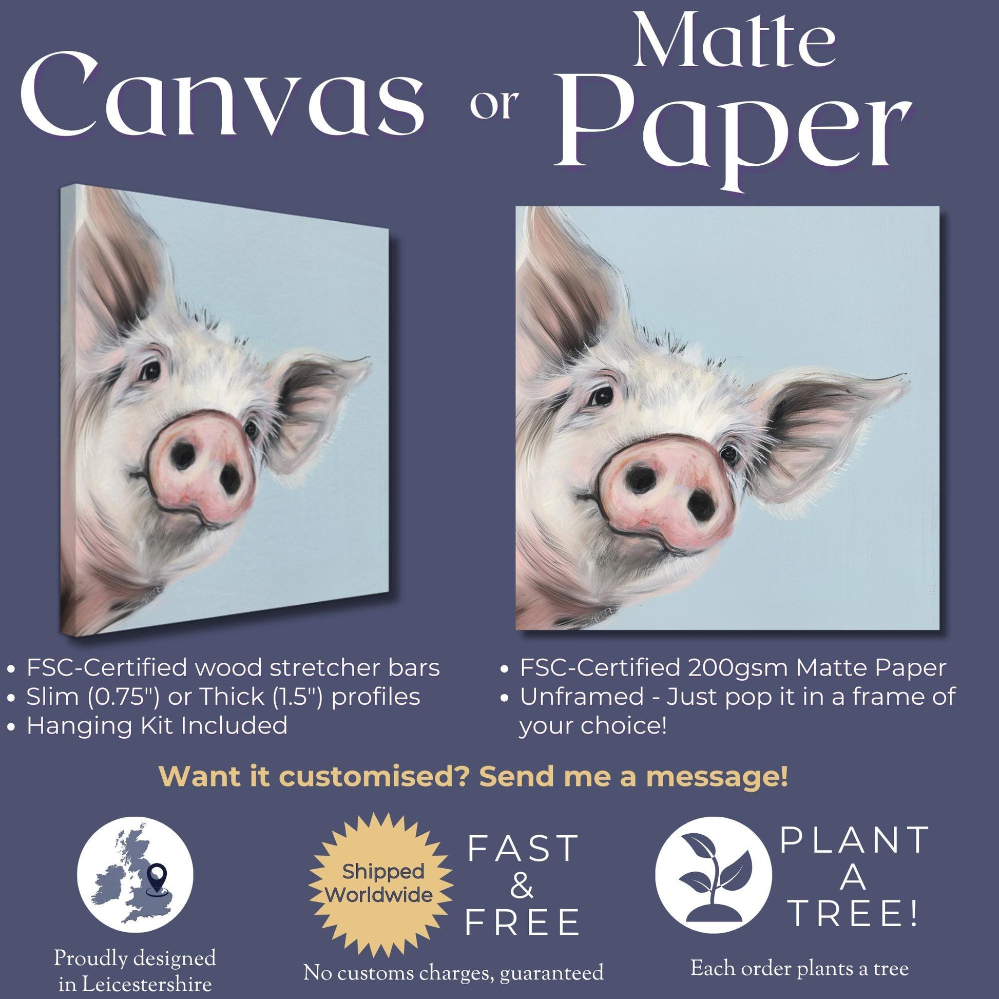 Cute Piglet Art Print Canvas / Unframed. Beautiful Blue Wall Decor, Colorful Farm Animal Pig Wall Art Painting Farmer Gift Nursery Picture - CanvasityCrafts - Free Shipping